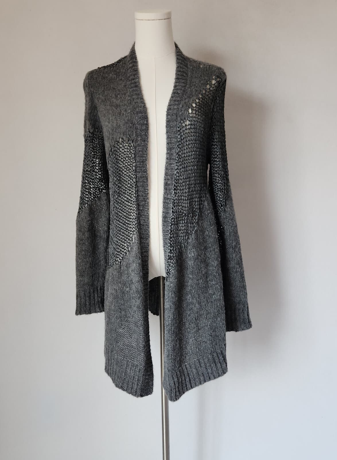 EILEEN FISHER Alpaca Blend Open Front Duster Cardigan Open Knit Grey Women's M