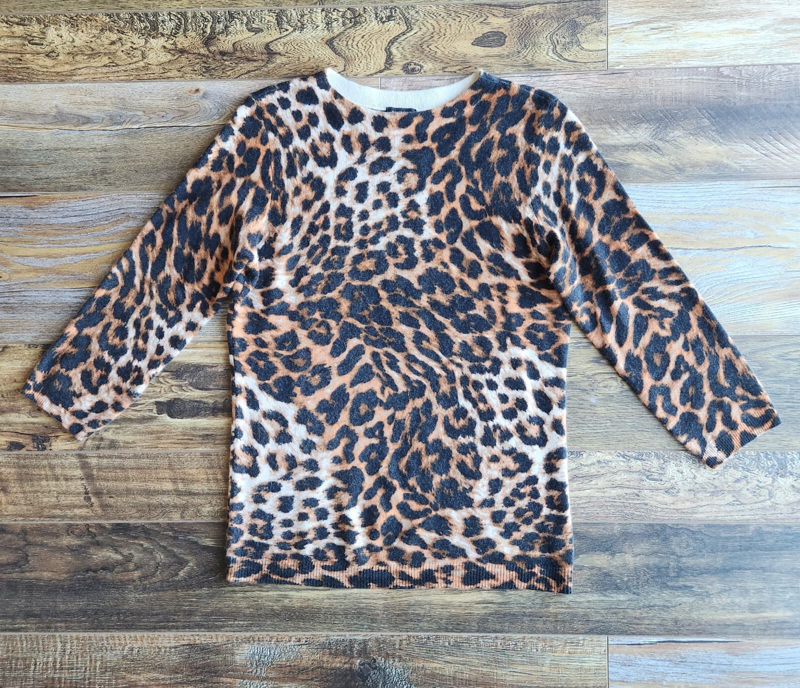 Talbots 100% Cashmere Leopard Audrey Sweater 3/4 Sleeve Crewneck Brown Women's M - Thumbnail 7