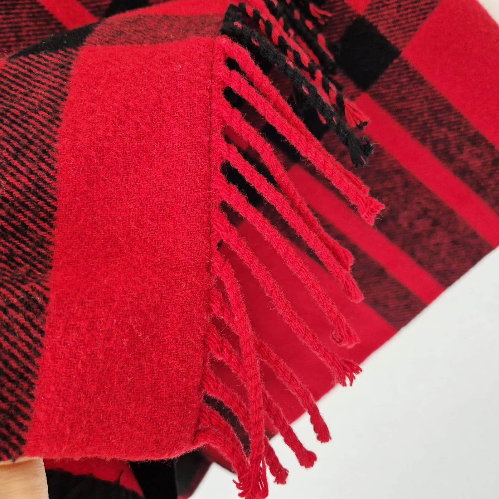 Vintage Talbots USA Fleece Wool Blend Red Black Check Fringe Mini Wrap Skirt 4P - Thumbnail 3