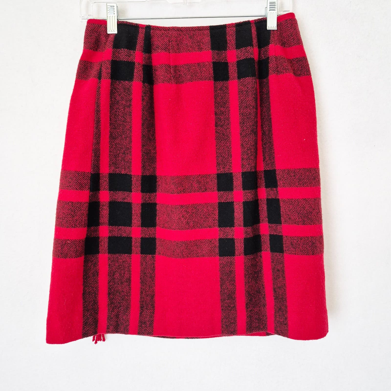 Vintage Talbots USA Fleece Wool Blend Red Black Check Fringe Mini Wrap Skirt 4P - Thumbnail 5