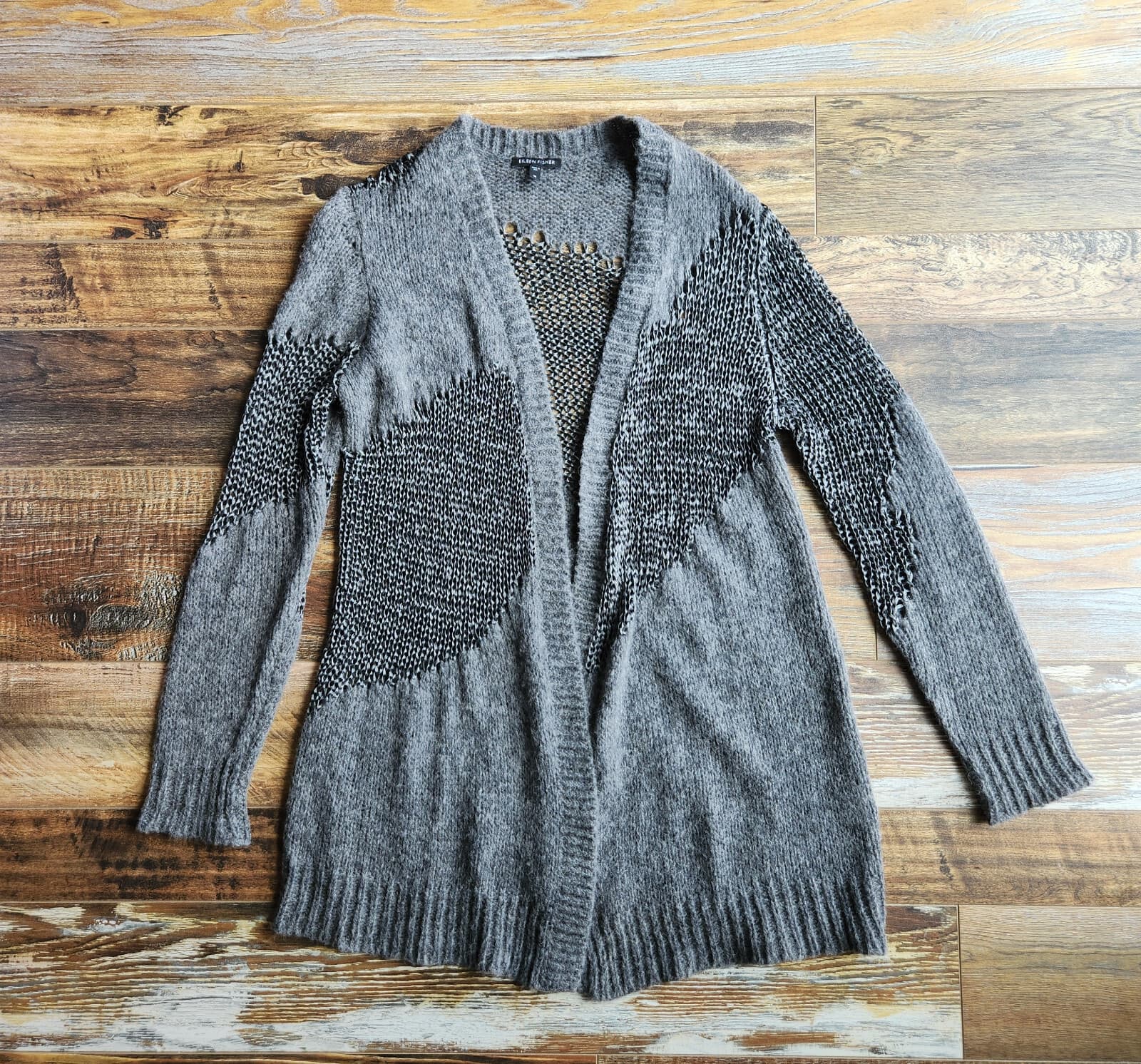 EILEEN FISHER Alpaca Blend Open Front Duster Cardigan Open Knit Grey Women's M - Thumbnail 7