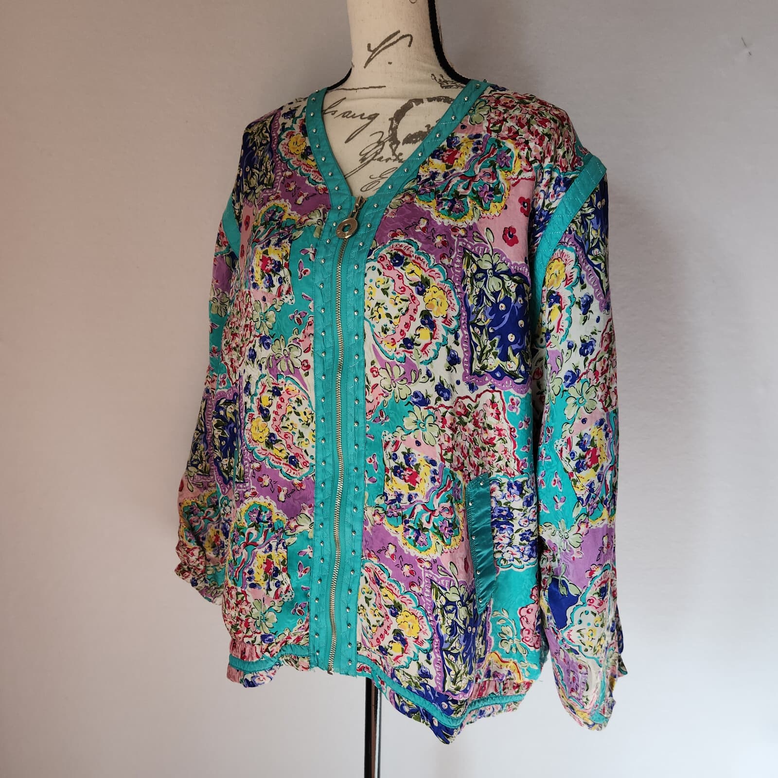 Vintage MURELI Silk Satin Floral Studded Jacket Zip Lined Pocket Multicolor XL - Thumbnail 2