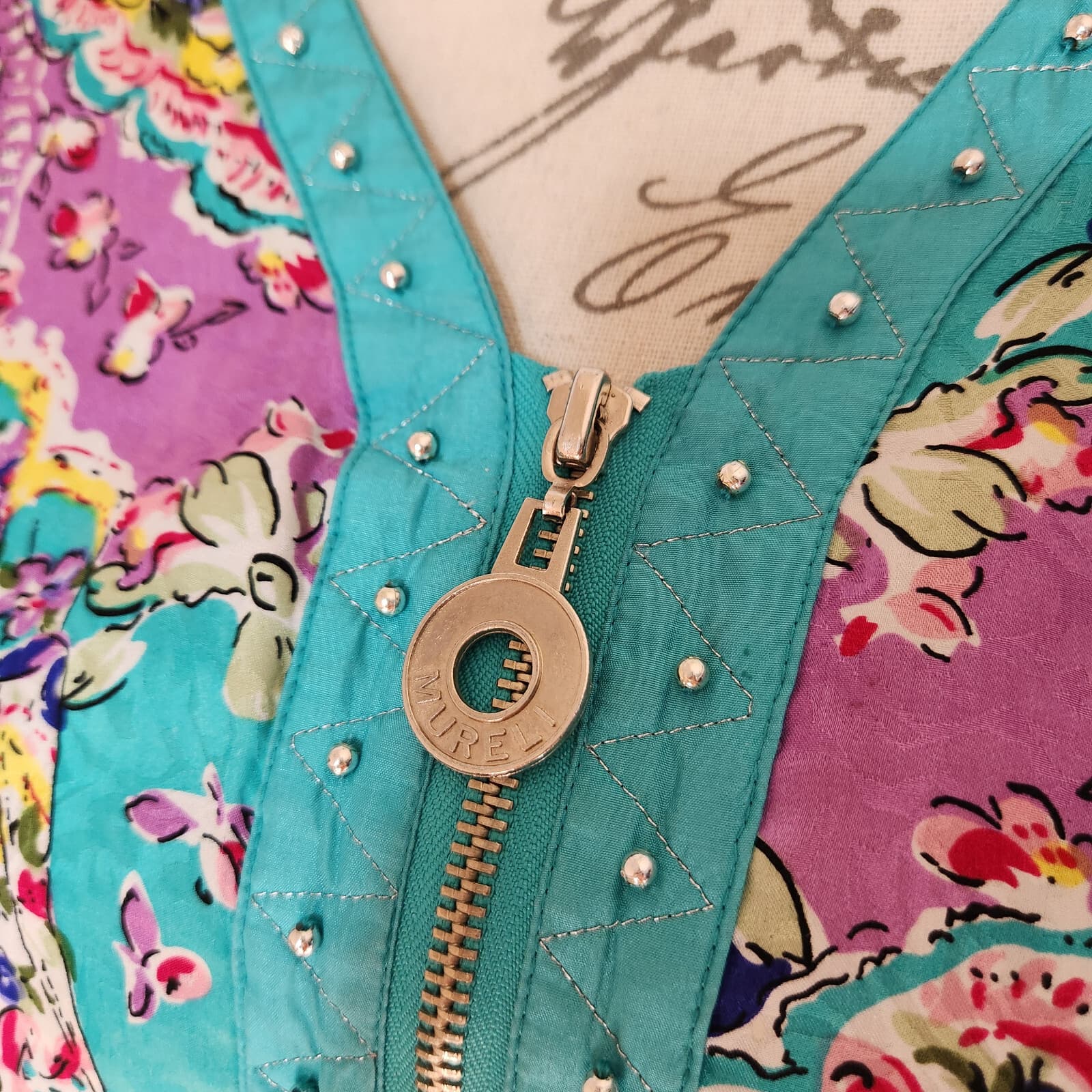 Vintage MURELI Silk Satin Floral Studded Jacket Zip Lined Pocket Multicolor XL - Thumbnail 3