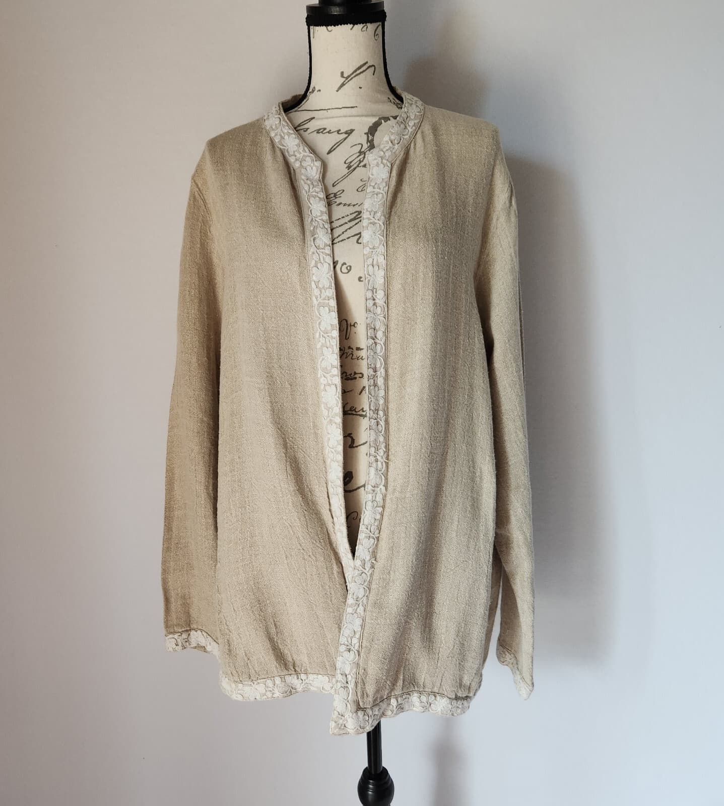 CP Shades Sausalito Linen Embroidered Trim Open Jacket Pocket Natural-Beige Sz.S - Thumbnail 2