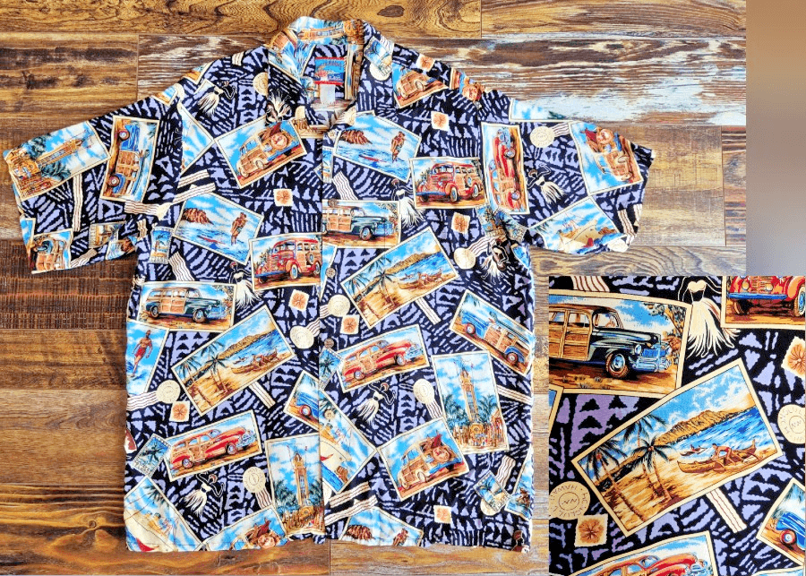 Vintage Joe Kealoha's Hula Postcard Car Islands Hawaiian Shirt Men's Bust 52" XL - Thumbnail 4