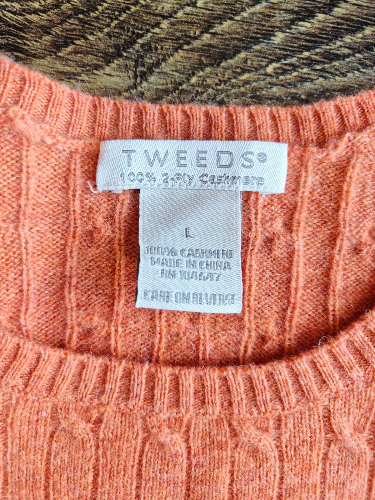 Tweeds 100% 2-Ply Cashmere Cable Knit Crew Neck Sweater Orange Women's Large - Thumbnail 7