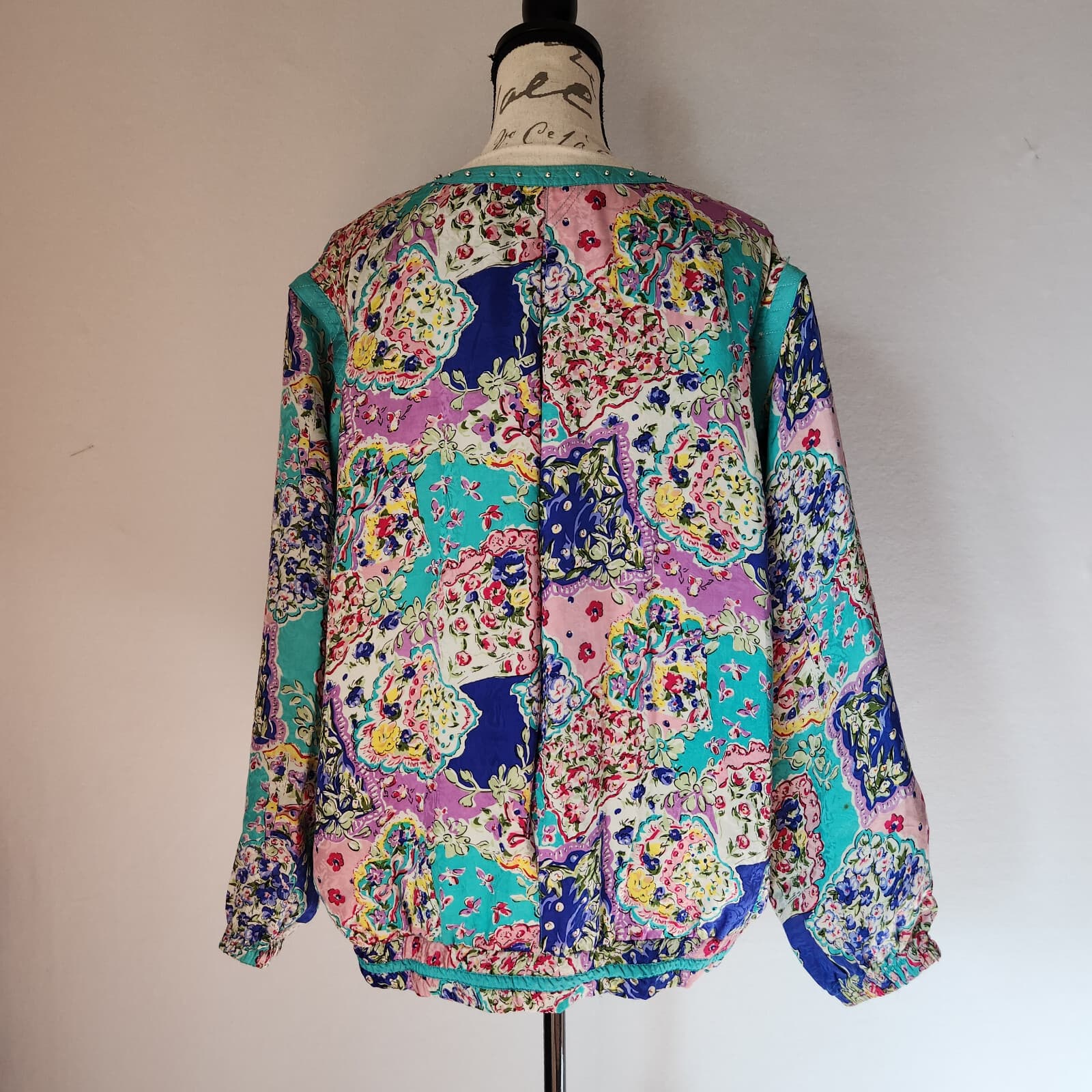 Vintage MURELI Silk Satin Floral Studded Jacket Zip Lined Pocket Multicolor XL - Thumbnail 4