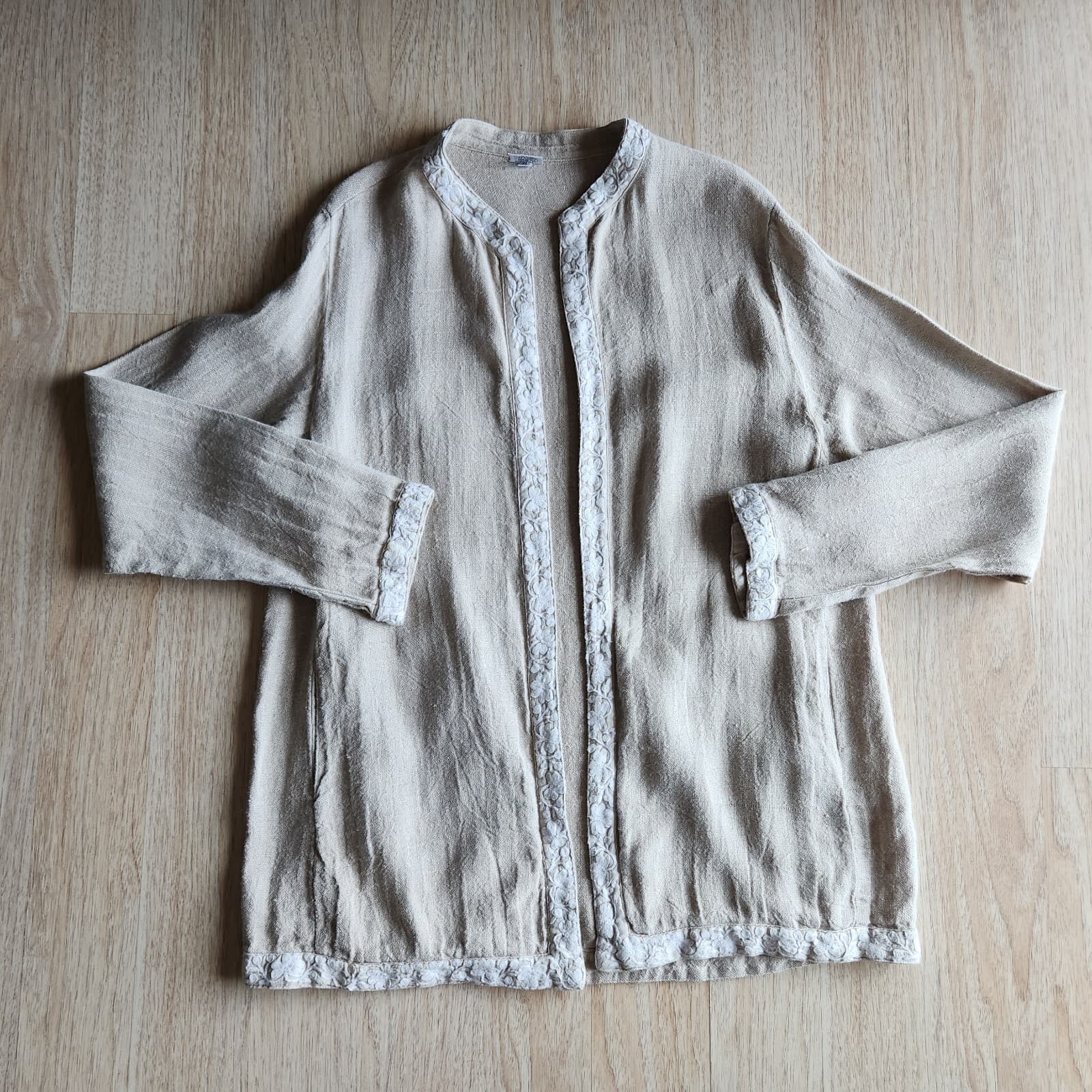 CP Shades Sausalito Linen Embroidered Trim Open Jacket Pocket Natural-Beige Sz.S - Thumbnail 3