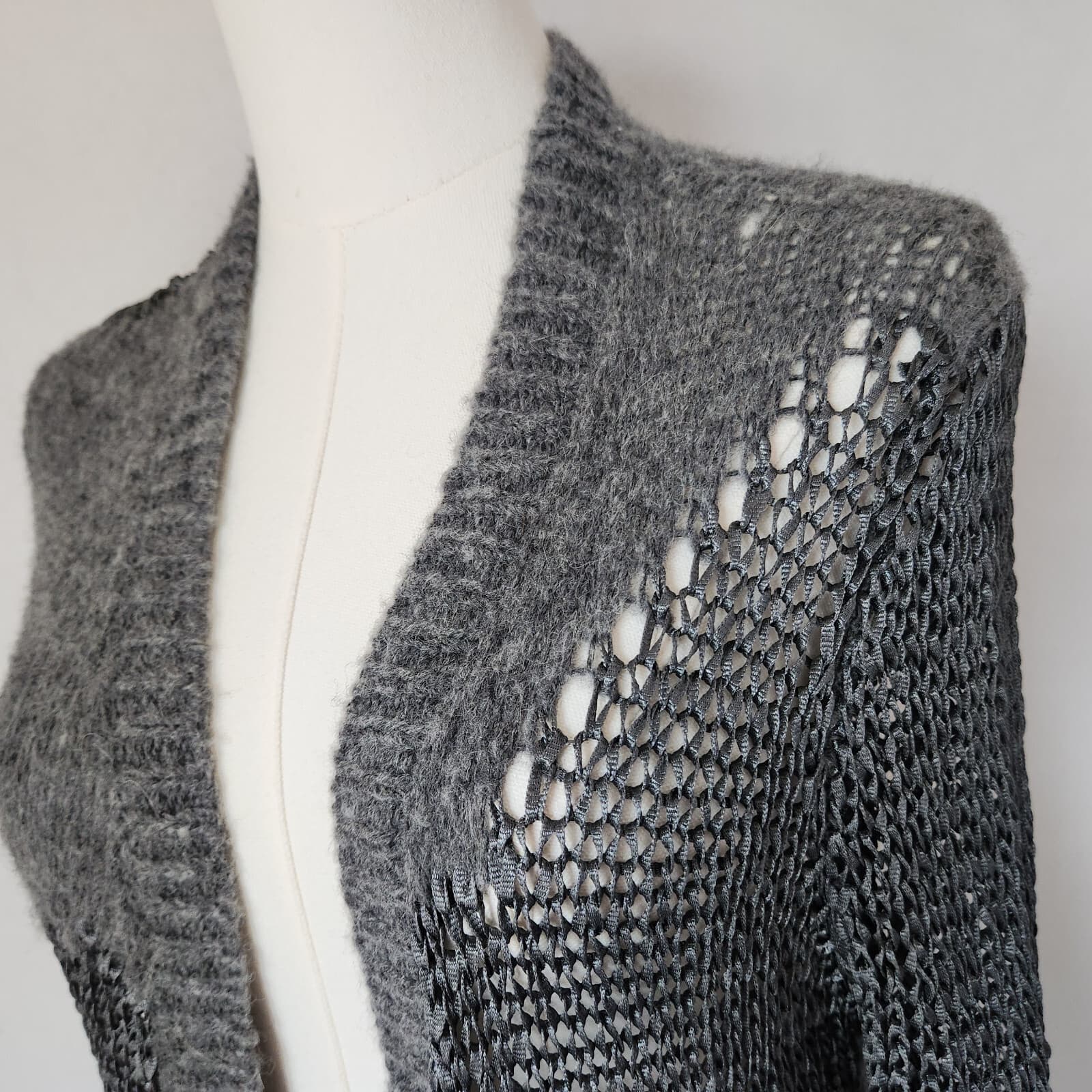 EILEEN FISHER Alpaca Blend Open Front Duster Cardigan Open Knit Grey Women's M - Thumbnail 3