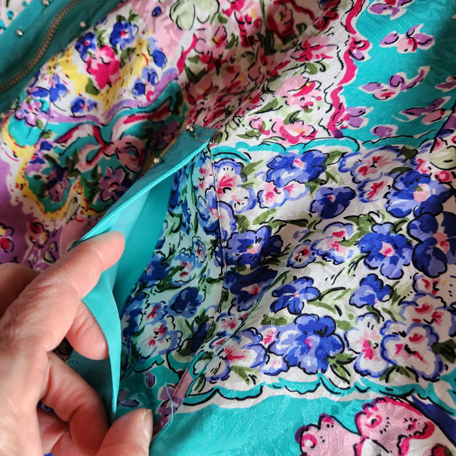 Vintage MURELI Silk Satin Floral Studded Jacket Zip Lined Pocket Multicolor XL - Thumbnail 9