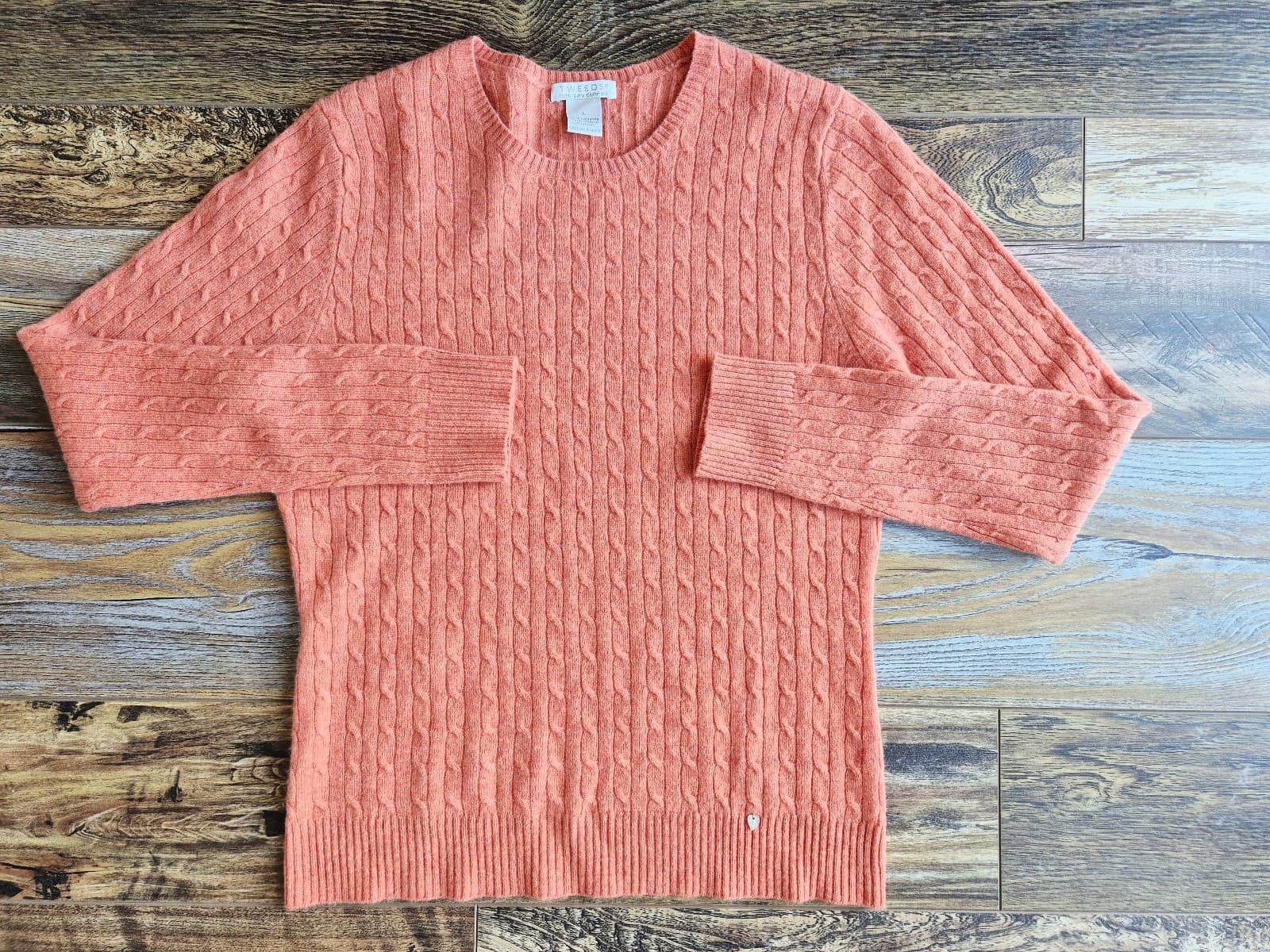 Tweeds 100% 2-Ply Cashmere Cable Knit Crew Neck Sweater Orange Women's Large - Thumbnail 3