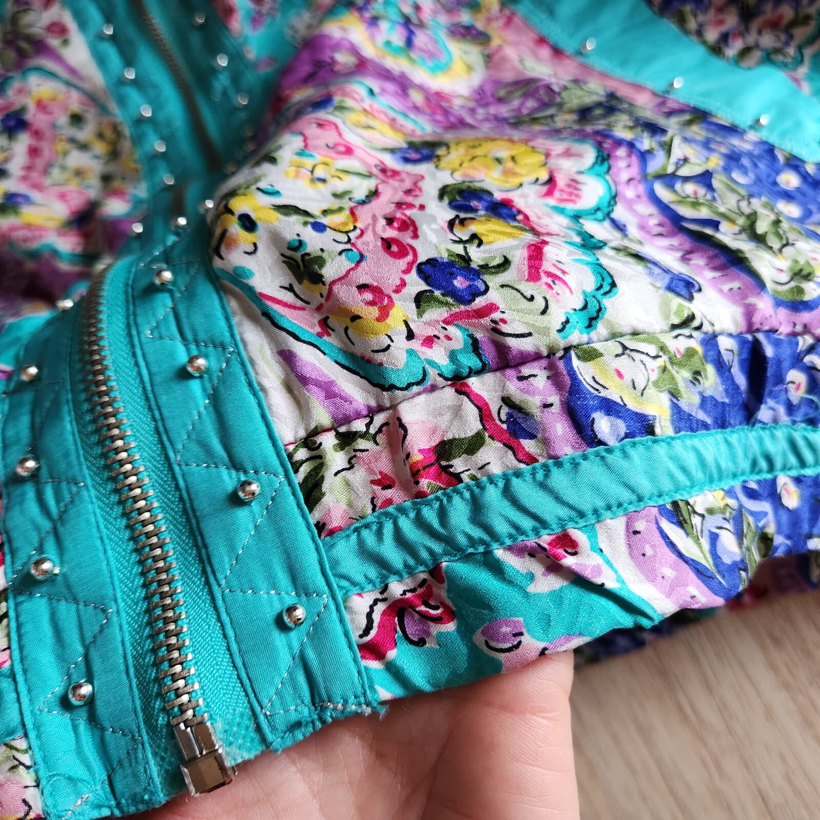 Vintage MURELI Silk Satin Floral Studded Jacket Zip Lined Pocket Multicolor XL - Thumbnail 7