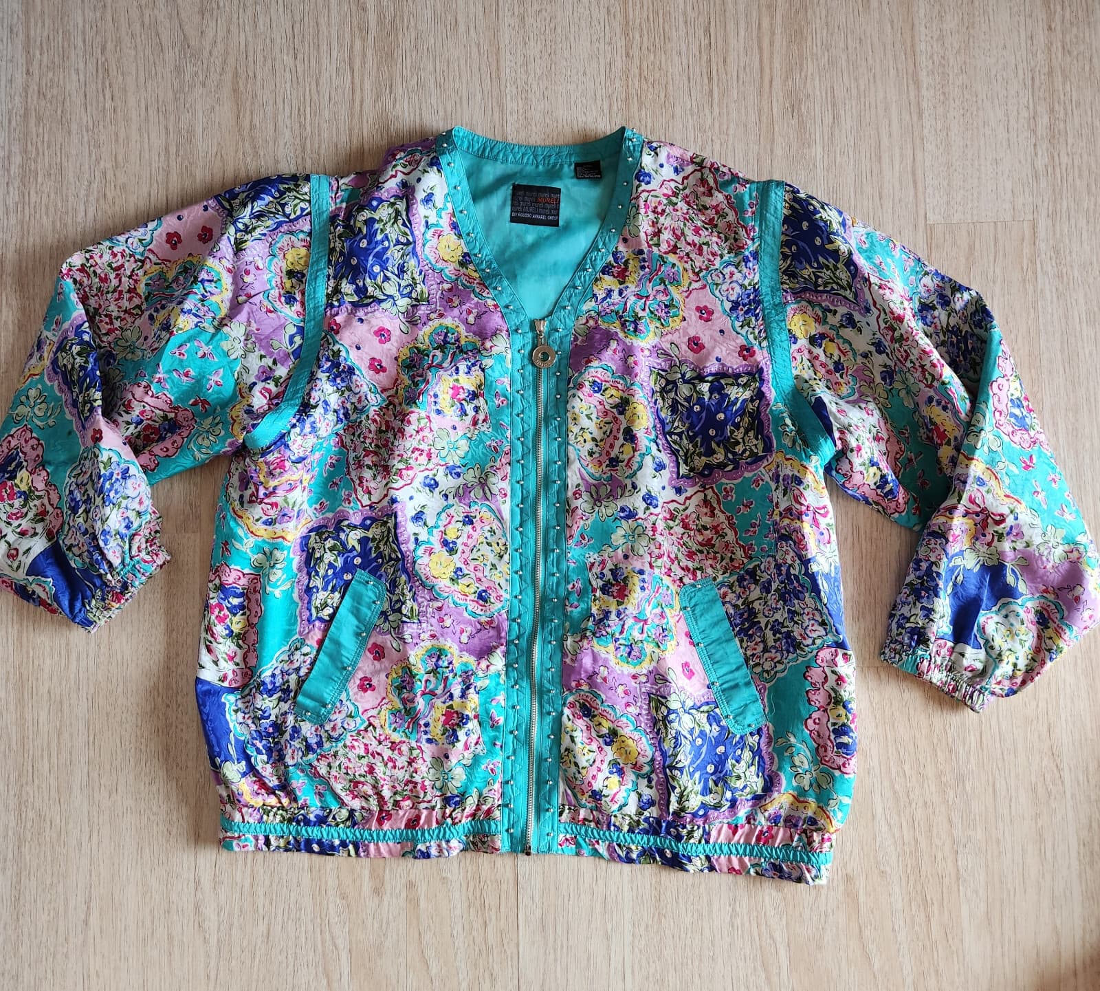 Vintage MURELI Silk Satin Floral Studded Jacket Zip Lined Pocket Multicolor XL - Thumbnail 5
