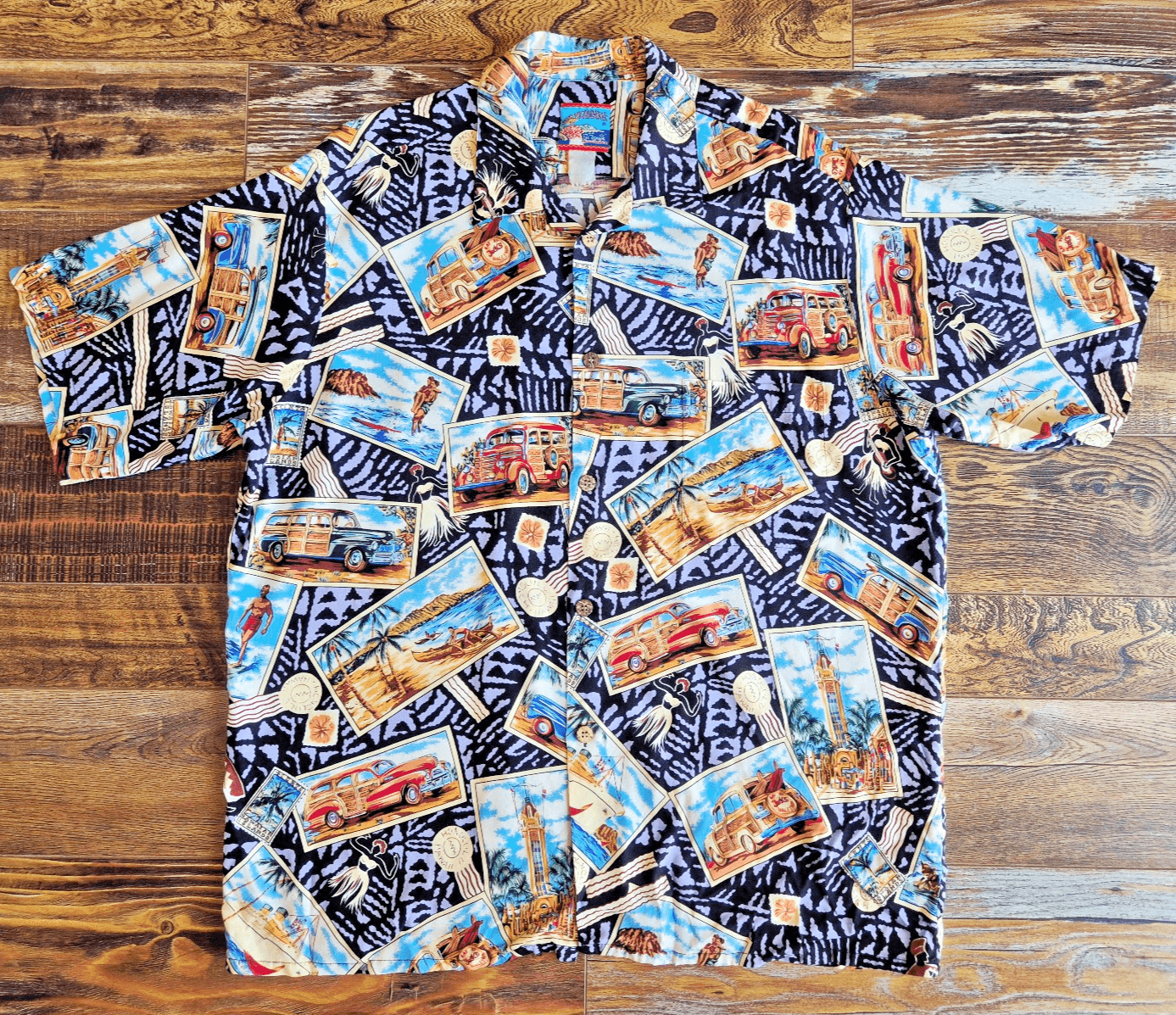 Vintage Joe Kealoha's Hula Postcard Car Islands Hawaiian Shirt Men's Bust 52" XL - Thumbnail 2