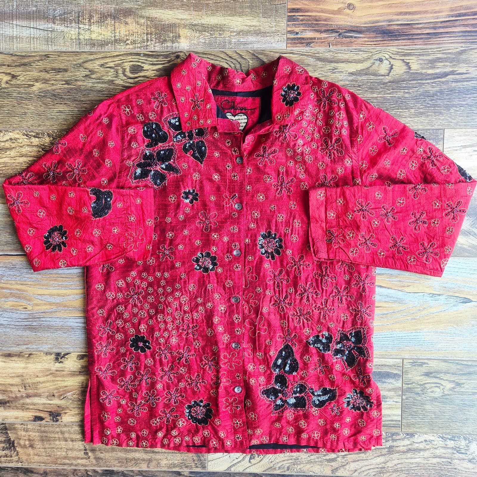 Vintage Chico's Anniversary Collection Silk Beaded Sequined Evening Jacket Sz.2 - Thumbnail 9