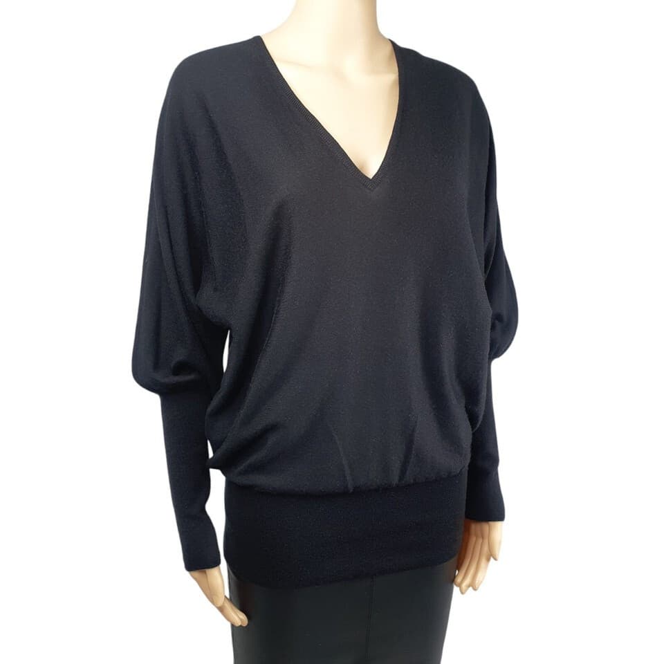 Ralph Lauren Black Label Cashmere Silk Sweater Balloon Sleeve V-Neck Black Sz.L - Thumbnail 5