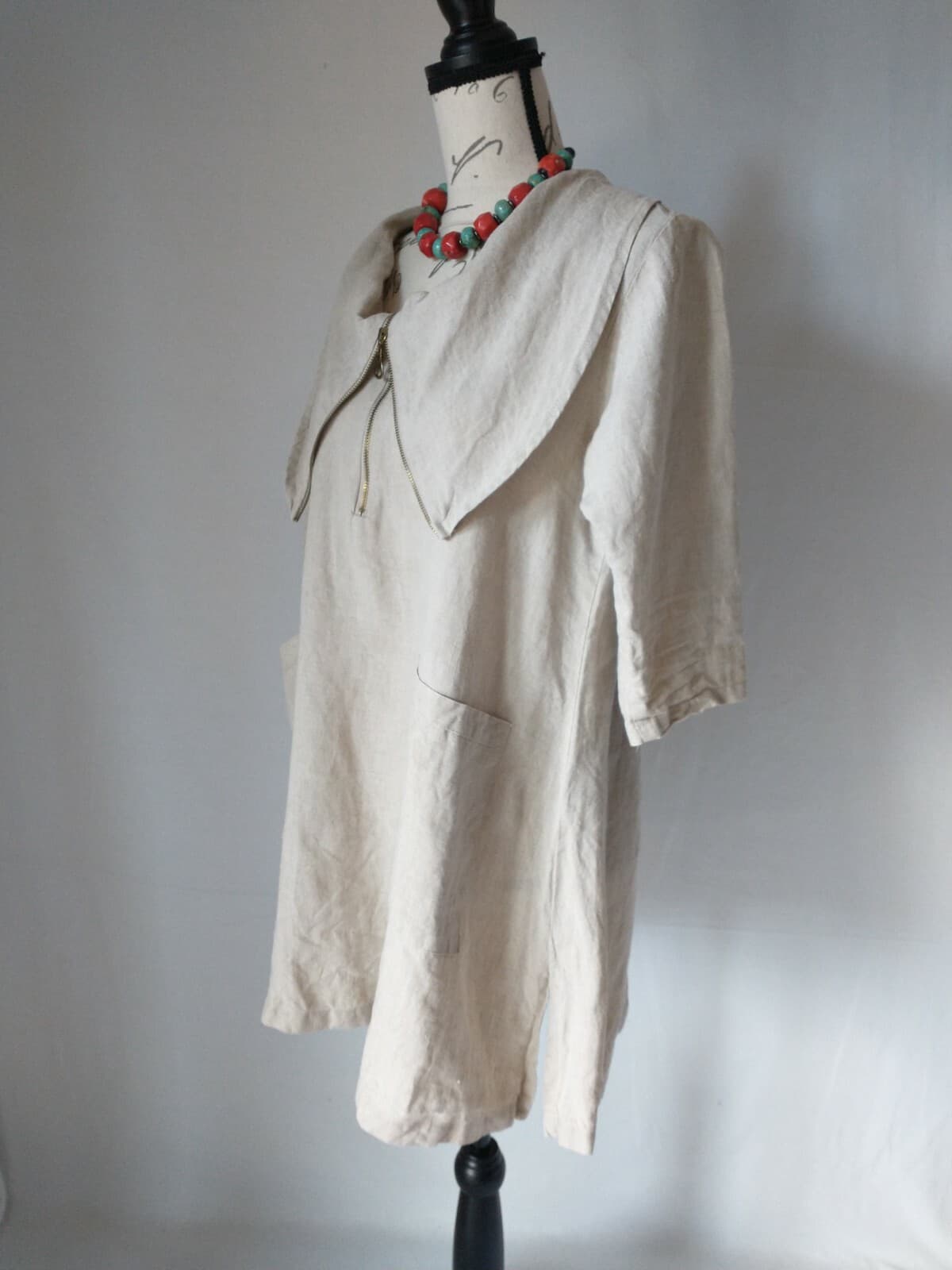 Beni Vie 100%Linen Lagenlook Tunic Top Pocket Natural Fabric Beige S Made in USA - Thumbnail 5
