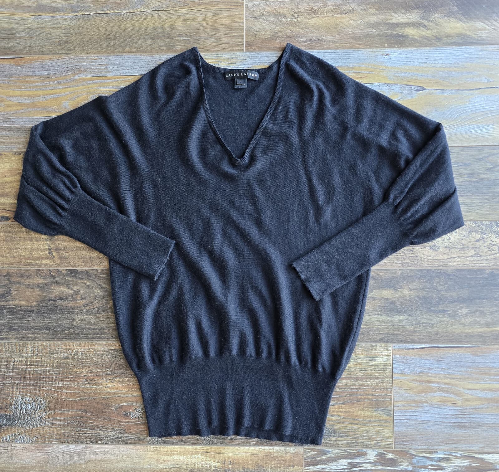 Ralph Lauren Black Label Cashmere Silk Sweater Balloon Sleeve V-Neck Black Sz.L - Thumbnail 7