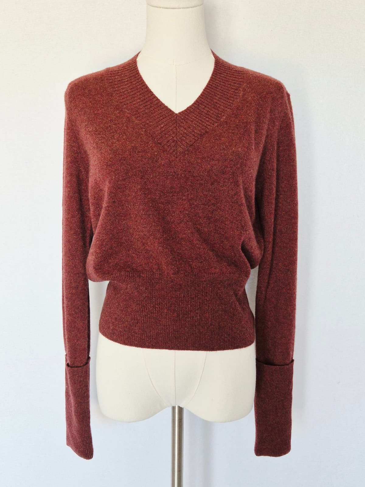 Autumn Cashmere V-Neck Sweater Cuffed Long Sleeve Ribbed-Waist Burgundy Womens M - Thumbnail 2