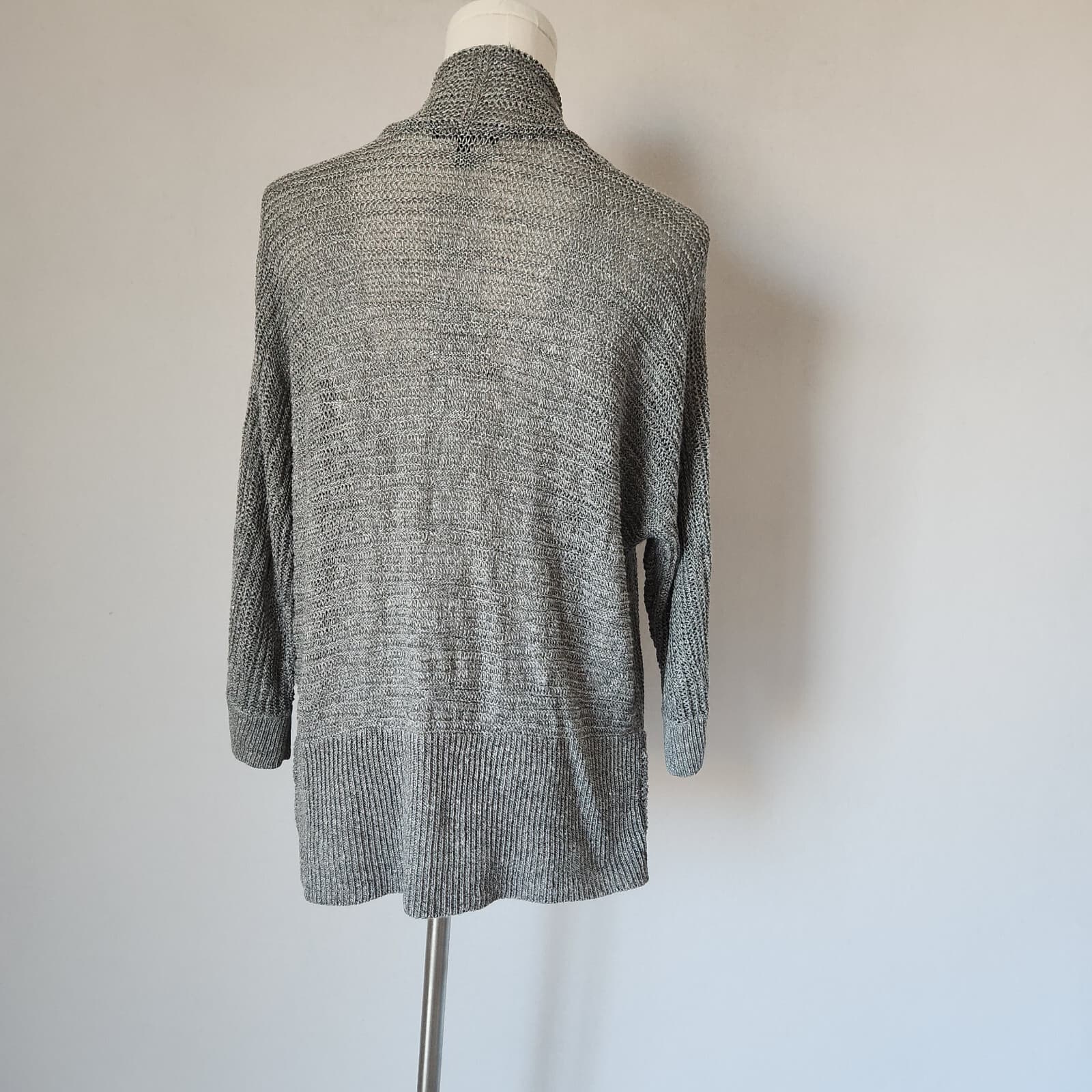 EILEEN FISHER Linen Silk Blend Open-Knit Gray Open Front Cardigan Pocket Women L - Thumbnail 6