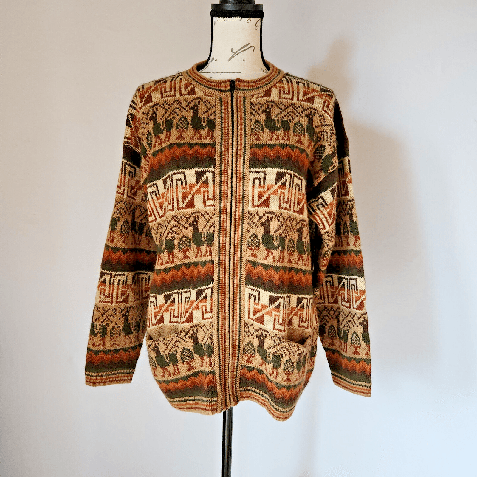 Arcohi's Alpaca Peruvian Mayan Zip-Up Cardigan Crewneck Pocket Brown Bust 42"