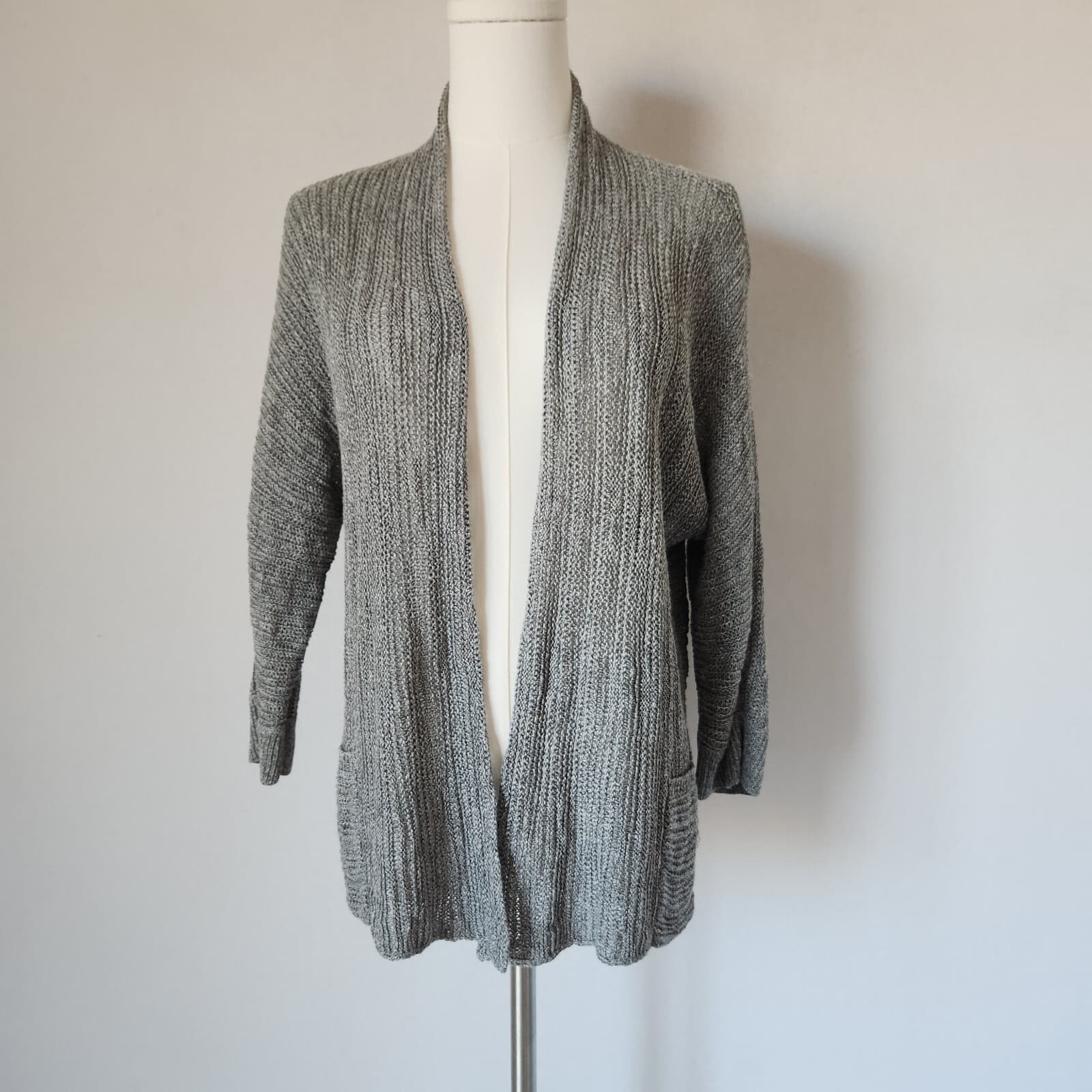 EILEEN FISHER Linen Silk Blend Open-Knit Gray Open Front Cardigan Pocket Women L - Thumbnail 2