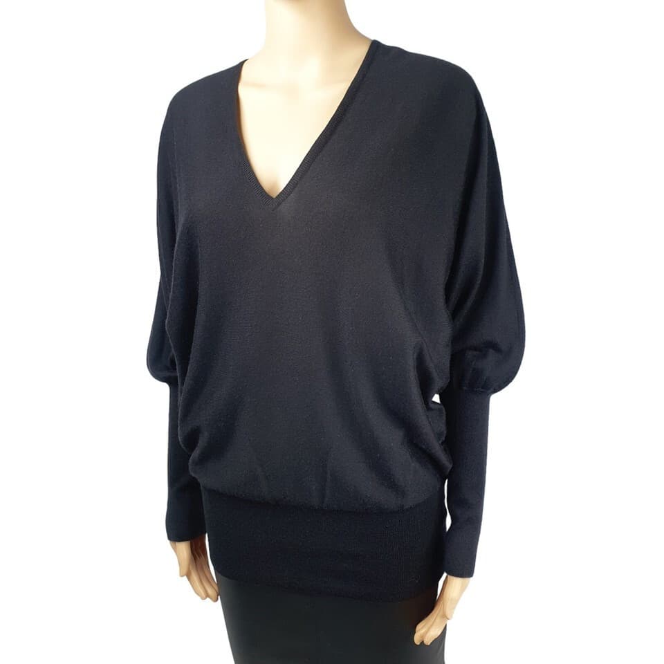 Ralph Lauren Black Label Cashmere Silk Sweater Balloon Sleeve V-Neck Black Sz.L - Thumbnail 3