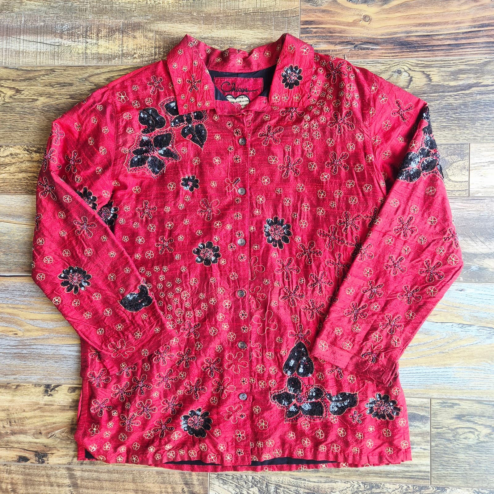 Vintage Chico's Anniversary Collection Silk Beaded Sequined Evening Jacket Sz.2 - Thumbnail 3