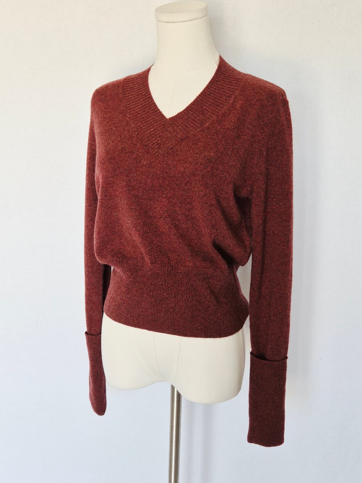 Autumn Cashmere V-Neck Sweater Cuffed Long Sleeve Ribbed-Waist Burgundy Womens M - Thumbnail 3