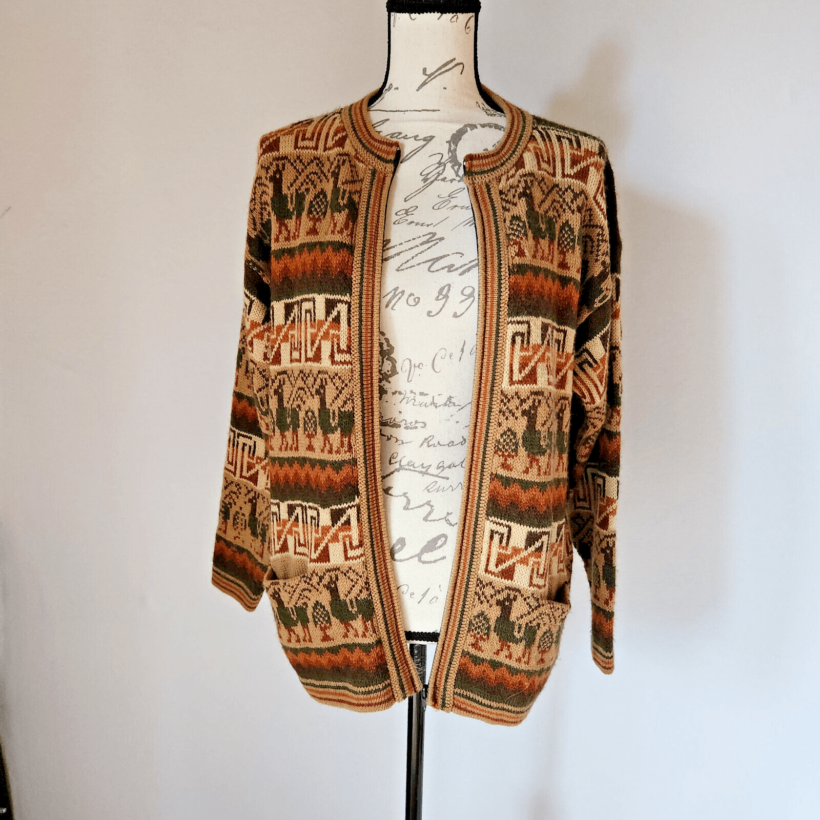 Arcohi's Alpaca Peruvian Mayan Zip-Up Cardigan Crewneck Pocket Brown Bust 42" - Thumbnail 3