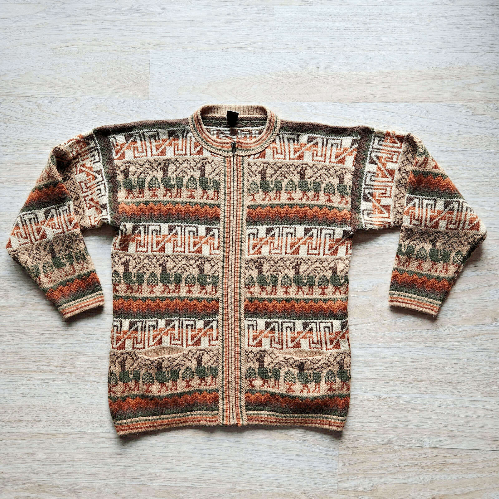 Arcohi's Alpaca Peruvian Mayan Zip-Up Cardigan Crewneck Pocket Brown Bust 42" - Thumbnail 4