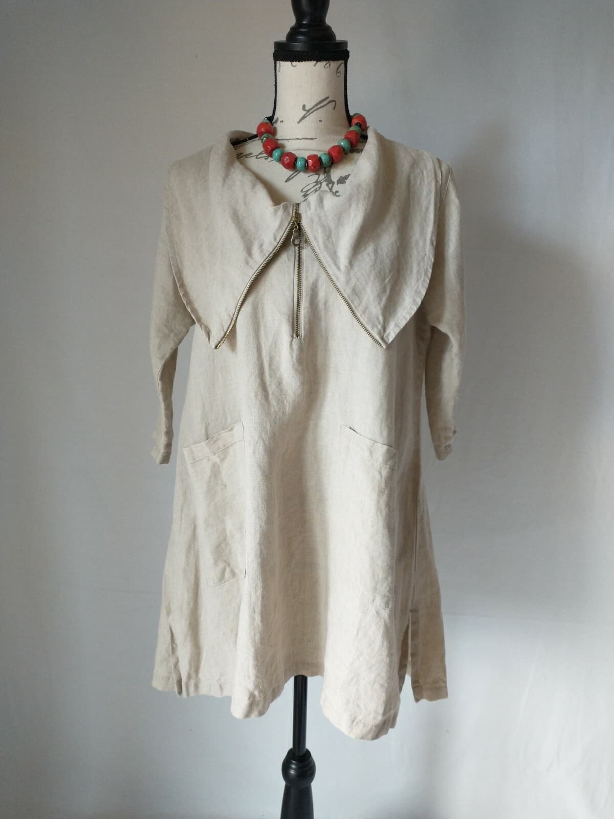 Beni Vie 100%Linen Lagenlook Tunic Top Pocket Natural Fabric Beige S Made in USA - Thumbnail 2
