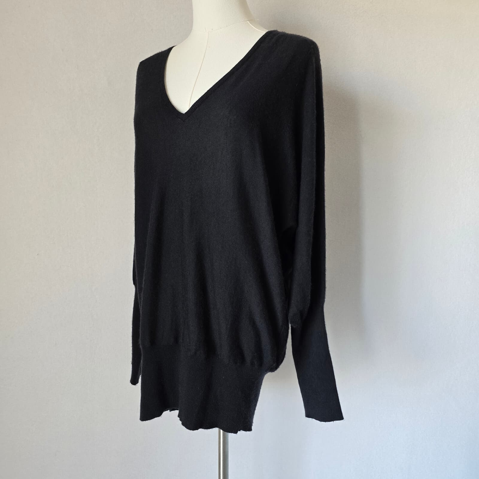 Ralph Lauren Black Label Cashmere Silk Sweater Balloon Sleeve V-Neck Black Sz.L - Thumbnail 2