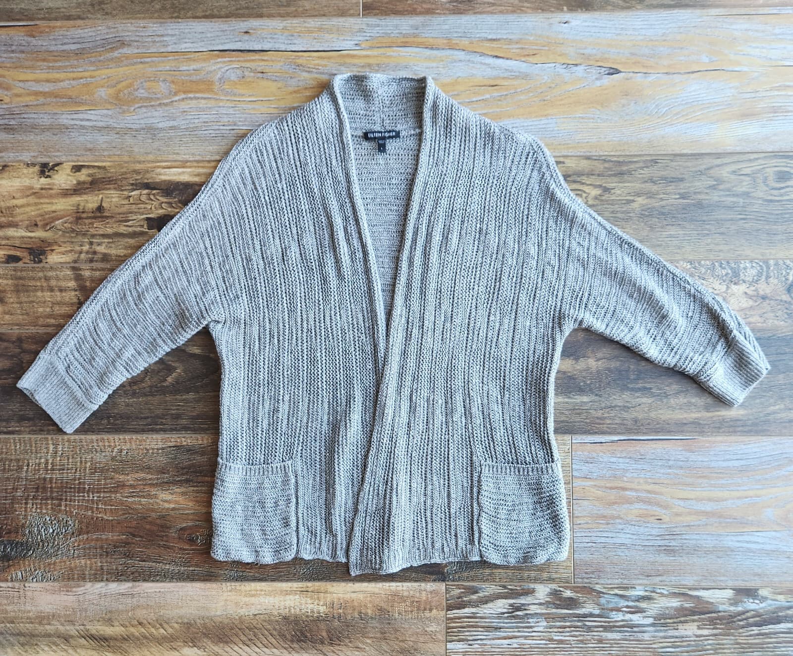EILEEN FISHER Linen Silk Blend Open-Knit Gray Open Front Cardigan Pocket Women L - Thumbnail 4