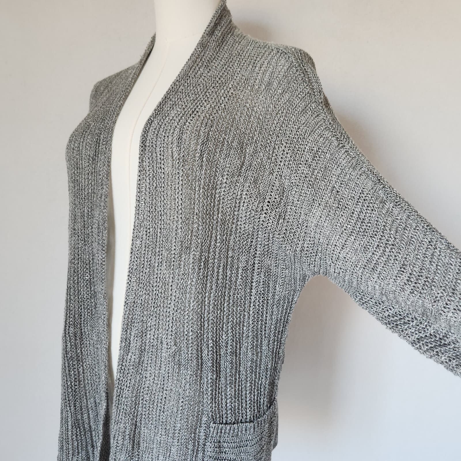 EILEEN FISHER Linen Silk Blend Open-Knit Gray Open Front Cardigan Pocket Women L - Thumbnail 3