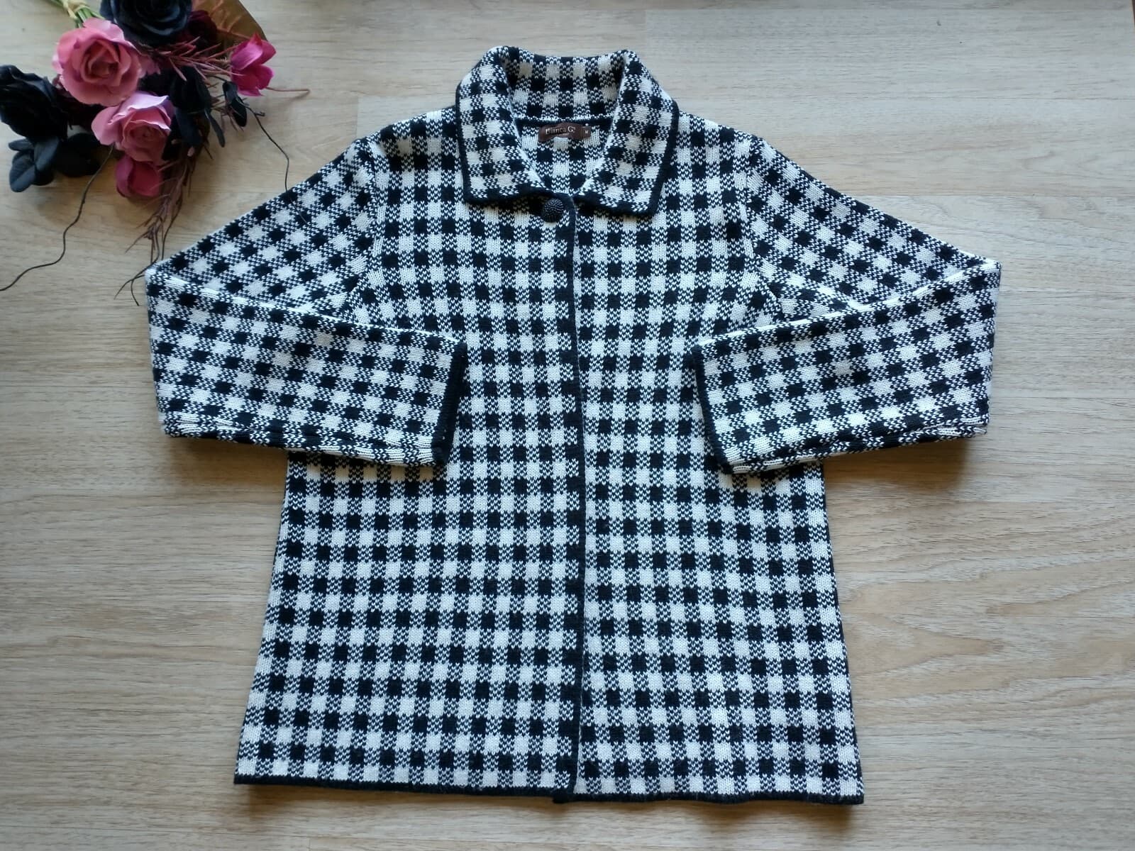 Bianca G. Made in Italy Wool Blend Cardigan One-Button Black White Check Sz.M - Thumbnail 2