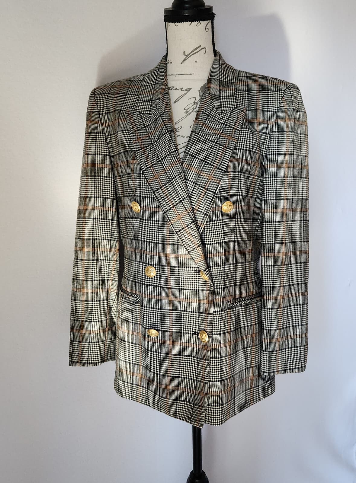 Vintage Pendleton Wool Plaid Houndstooth Double Breasted Blazer Gold Button P10 - Thumbnail 3