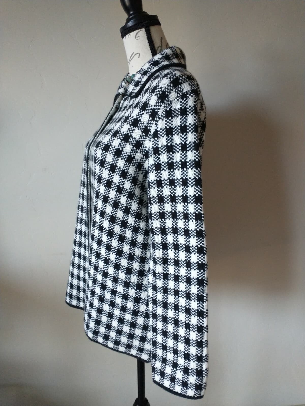 Bianca G. Made in Italy Wool Blend Cardigan One-Button Black White Check Sz.M - Thumbnail 3