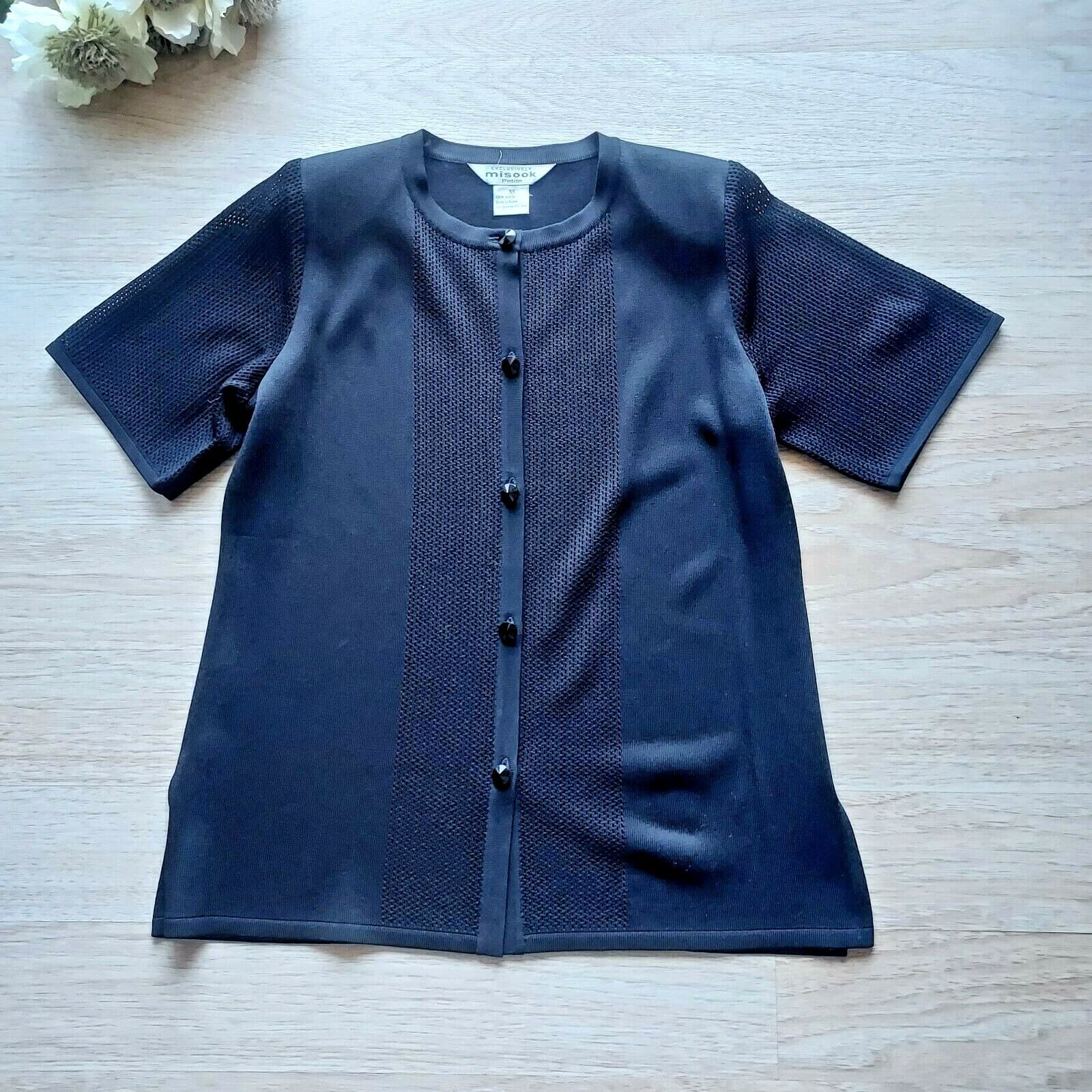 Exclusively Misook Acrylic Knit Short Sleeve Top Button Black Women Petite XS - Thumbnail 2