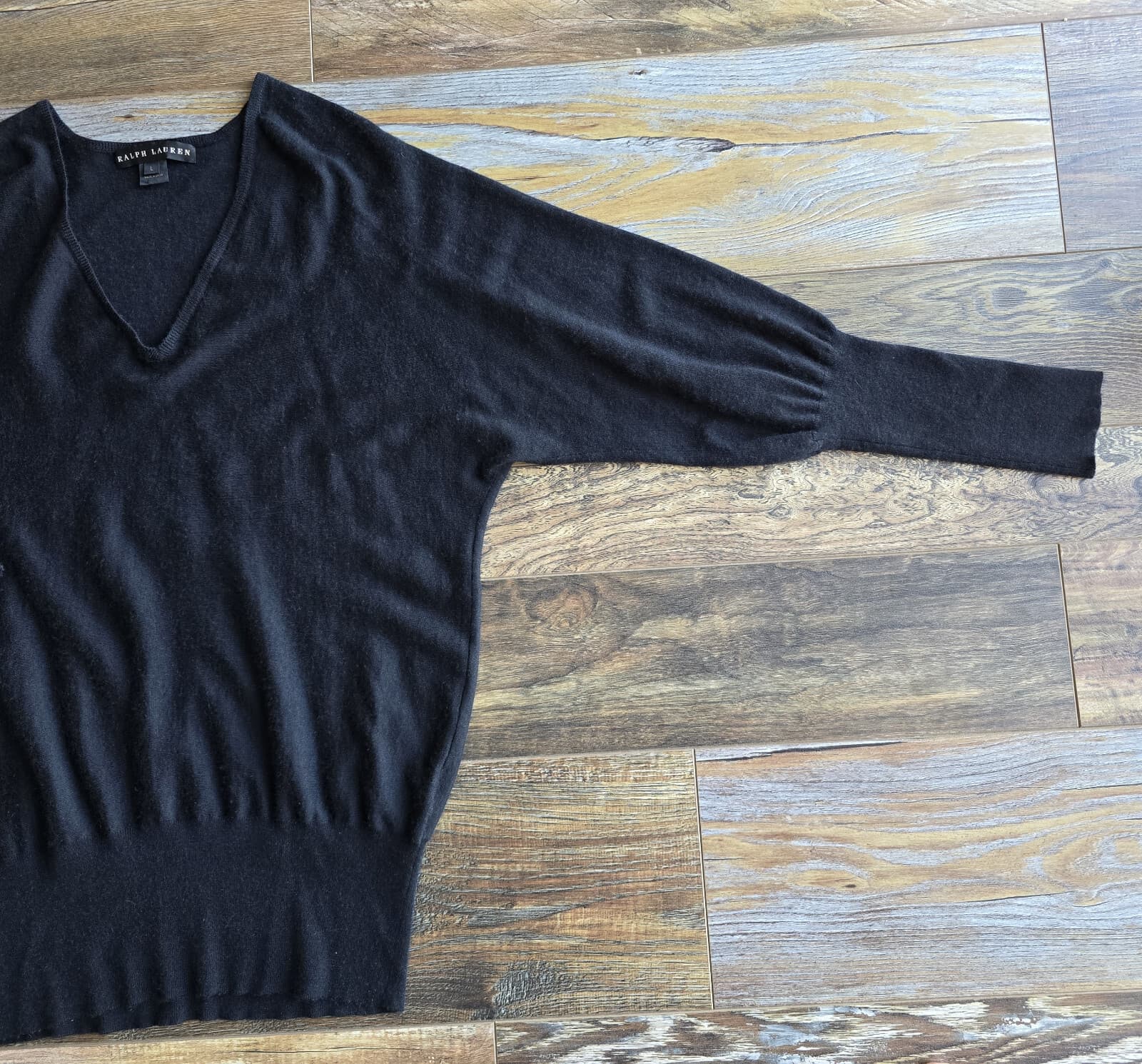 Ralph Lauren Black Label Cashmere Silk Sweater Balloon Sleeve V-Neck Black Sz.L - Thumbnail 8