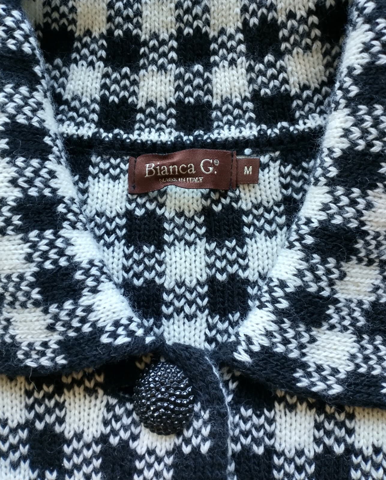 Bianca G. Made in Italy Wool Blend Cardigan One-Button Black White Check Sz.M - Thumbnail 5