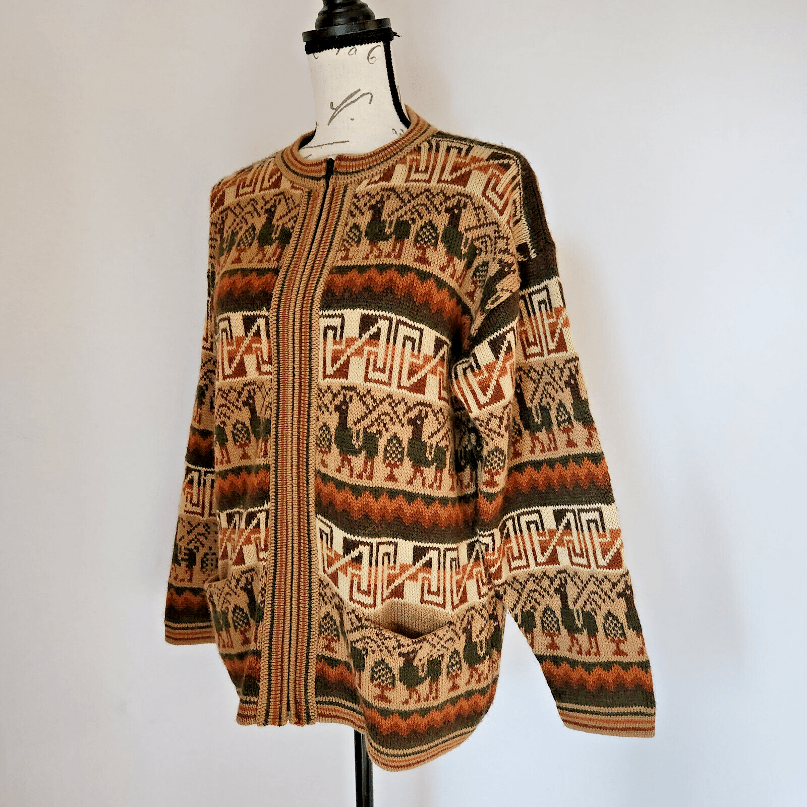 Arcohi's Alpaca Peruvian Mayan Zip-Up Cardigan Crewneck Pocket Brown Bust 42" - Thumbnail 2