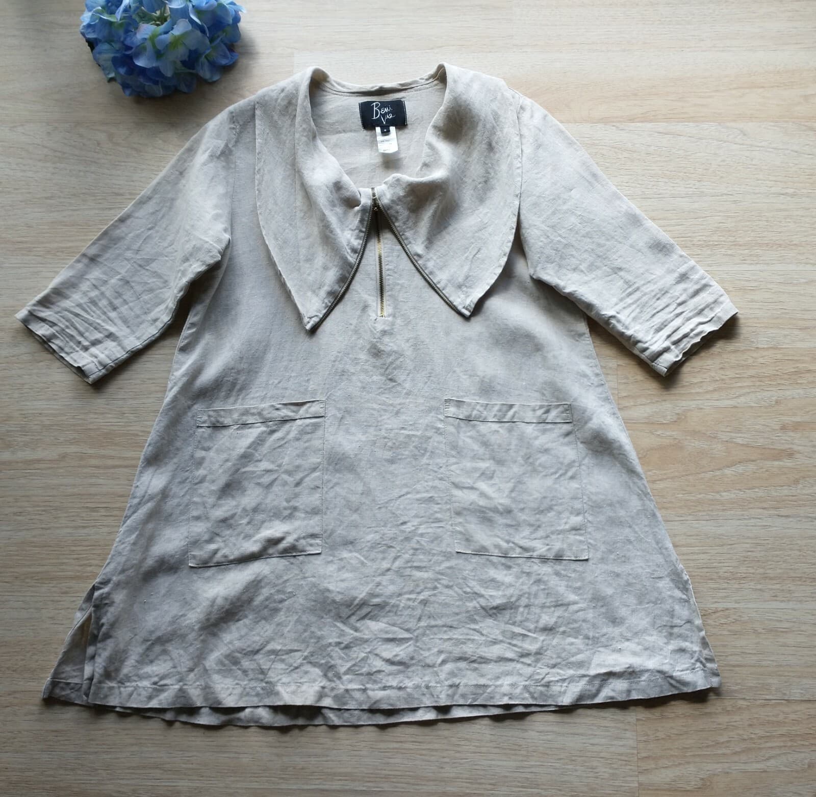 Beni Vie 100%Linen Lagenlook Tunic Top Pocket Natural Fabric Beige S Made in USA - Thumbnail 3