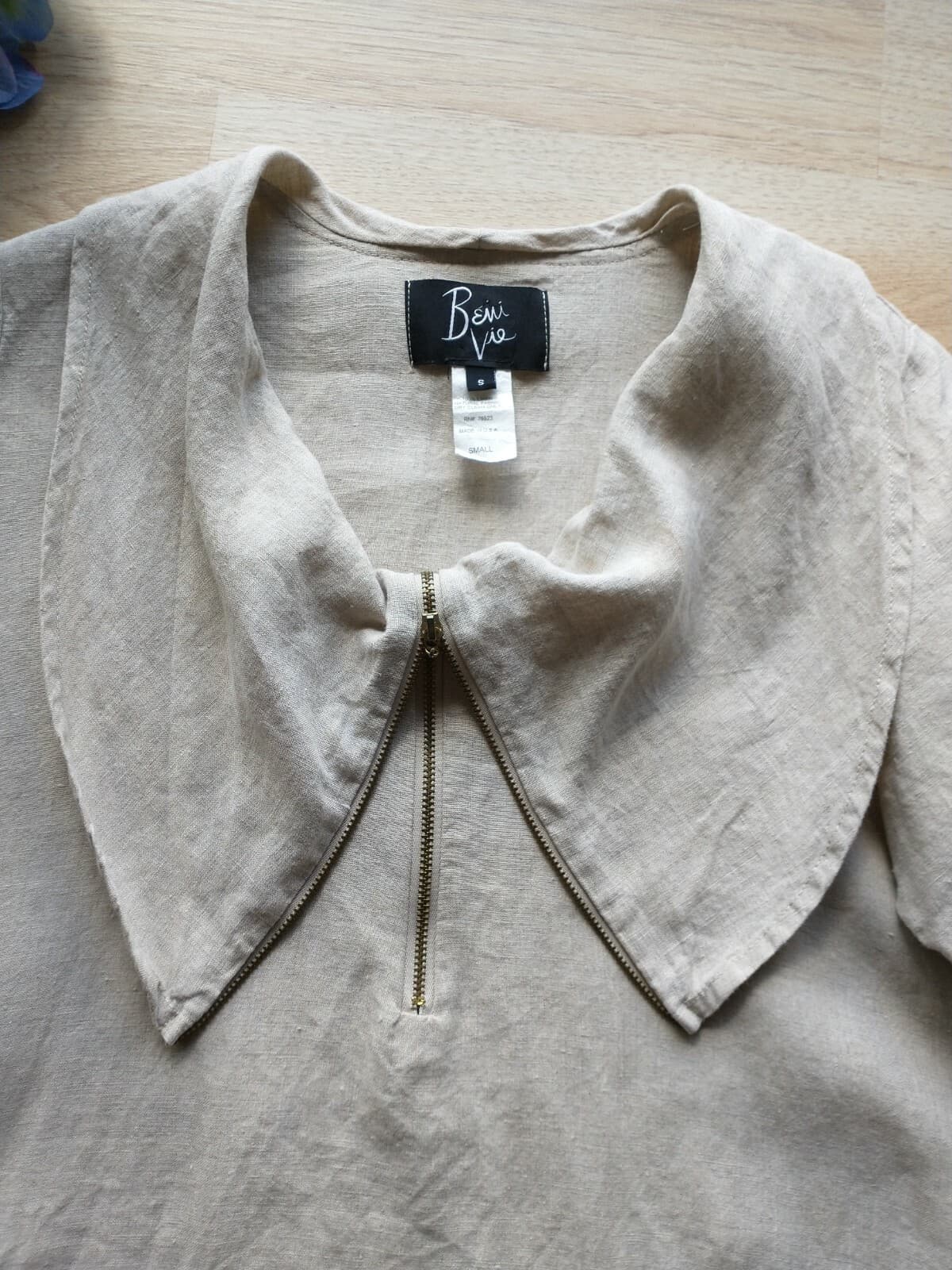 Beni Vie 100%Linen Lagenlook Tunic Top Pocket Natural Fabric Beige S Made in USA - Thumbnail 8