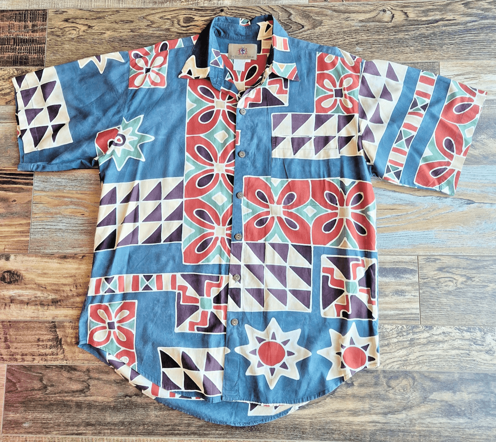Vintage The Territory Ahead Bali Batik Shirt Short Sleeve Button-Up Multi Mens L - Thumbnail 3