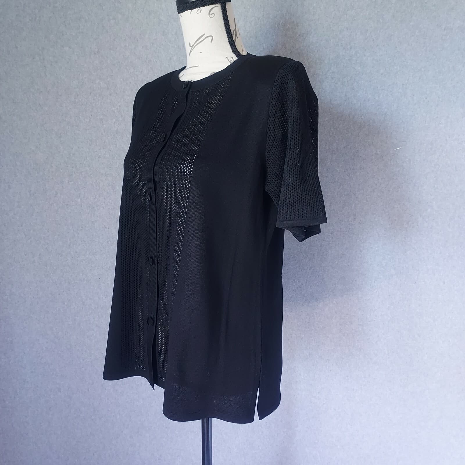 Exclusively Misook Acrylic Knit Short Sleeve Top Button Black Women Petite XS - Thumbnail 4