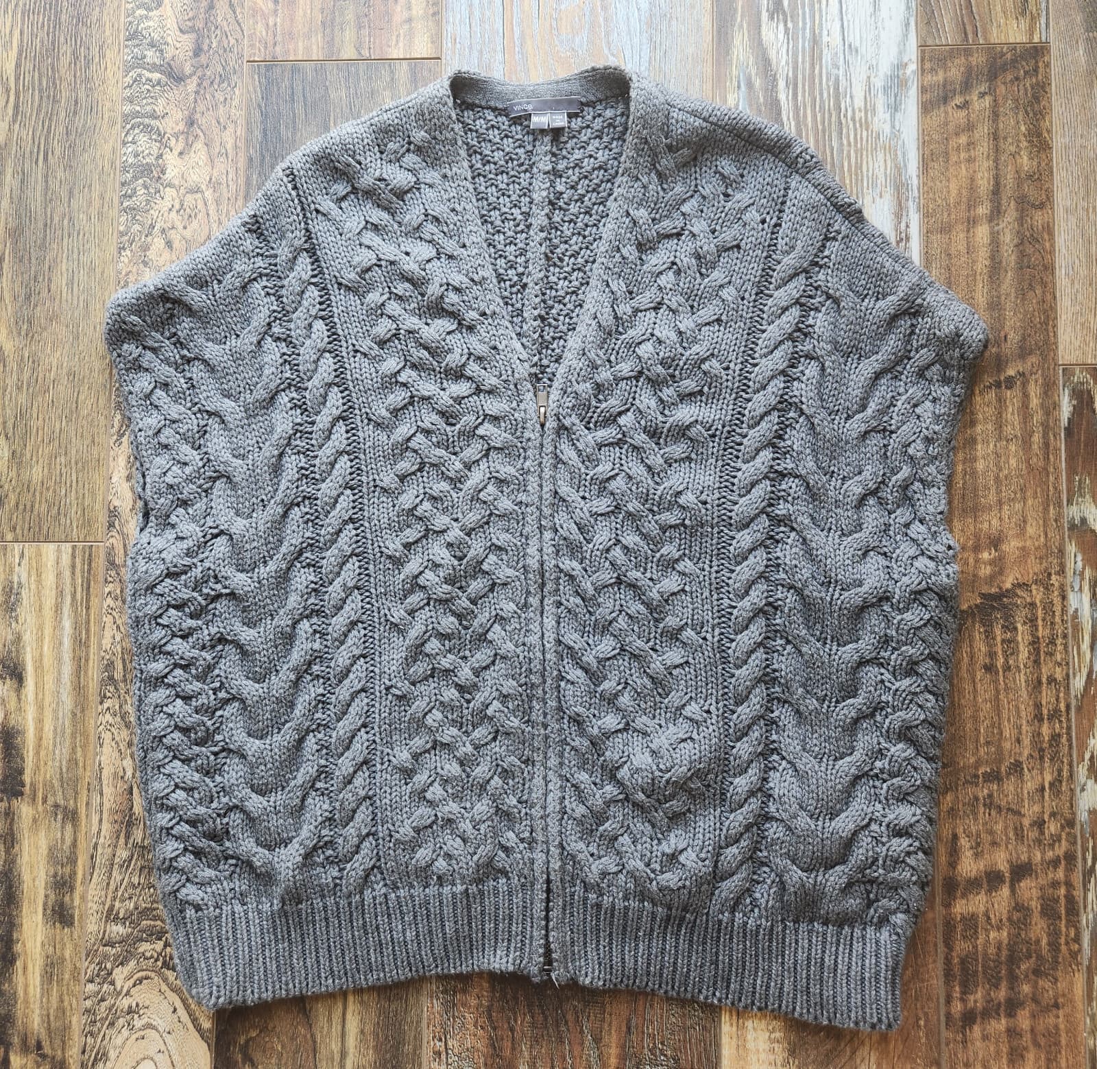VINCE Cable-Knit Zip-Up Poncho Cape Sweater Side-Zipper Wool Cashmere Grey Sz.M - Thumbnail 3