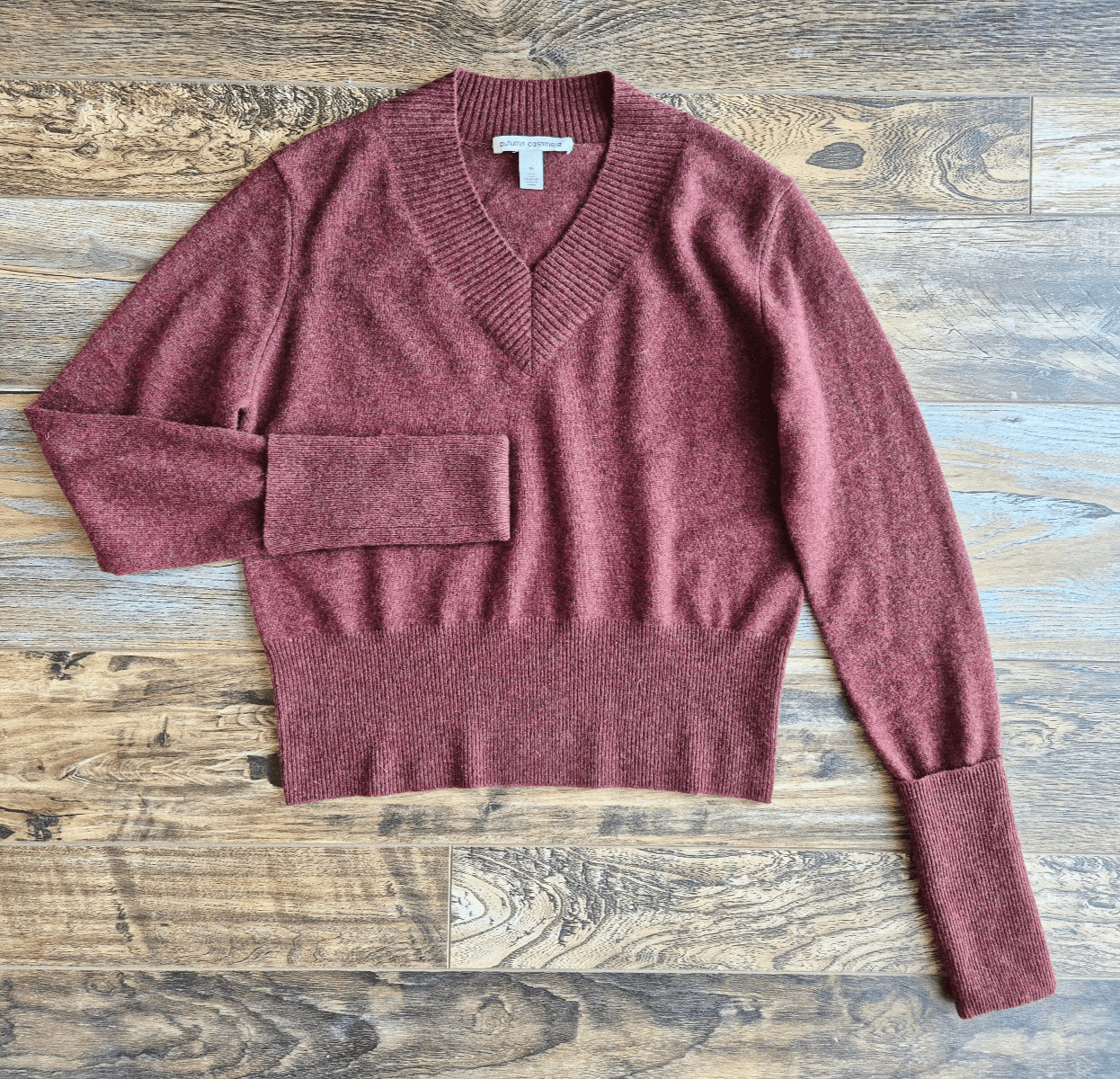 Autumn Cashmere V-Neck Sweater Cuffed Long Sleeve Ribbed-Waist Burgundy Womens M