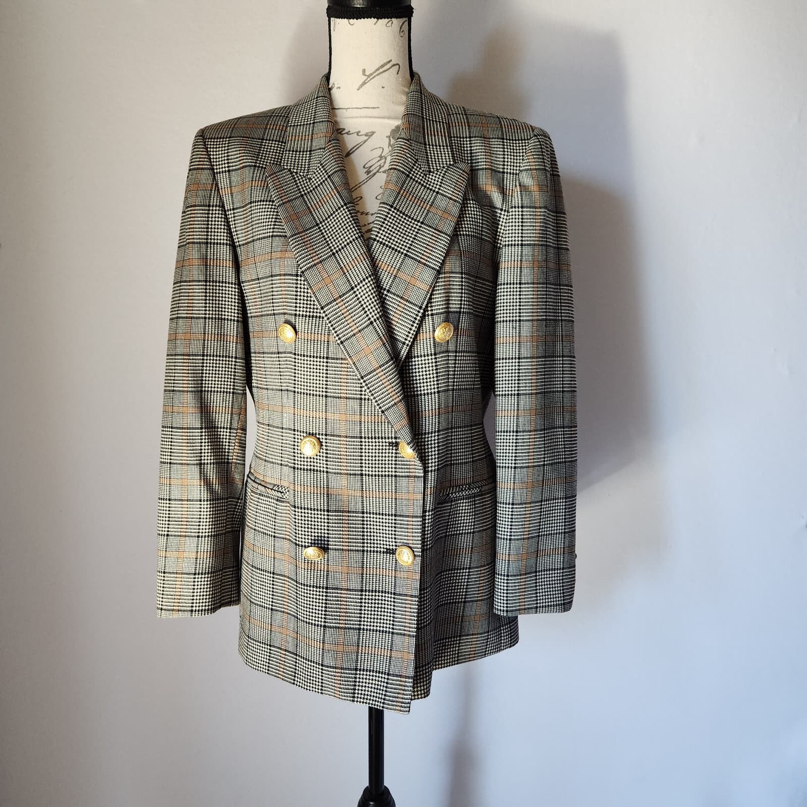 Vintage Pendleton Wool Plaid Houndstooth Double Breasted Blazer Gold Button P10 - Thumbnail 2
