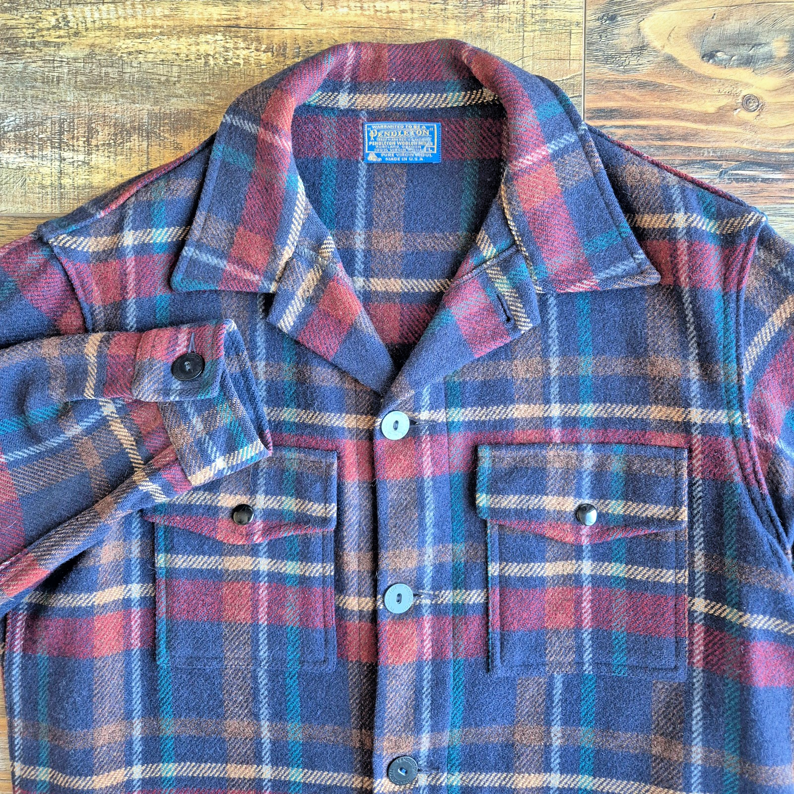 Vintage'70s Pendleton USA Wool Plaid Shirt Jacket Shacket Button Pocket Men's L - Thumbnail 2